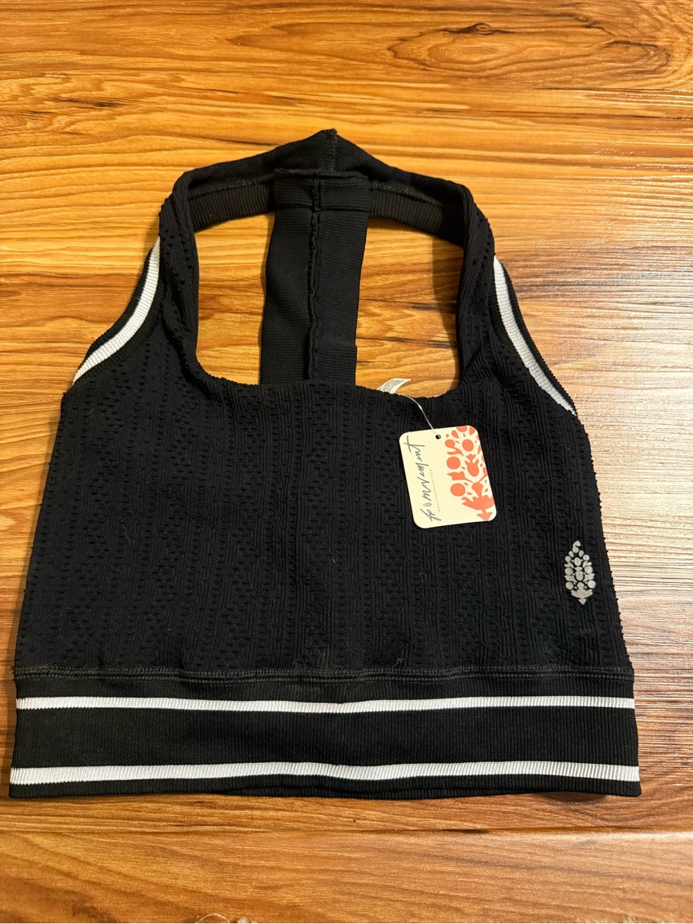 Free People Movement • Black Knit Racerback Crop Top with White Stripes